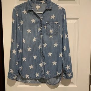 long sleeve button down denim shirt with stars